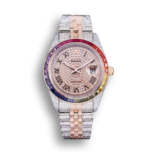 Replica Rolex Datejust 126300 41mm Arabic Dial Full-Diamond Rainbow Bezel - Best shop to buy a Fake Rolex