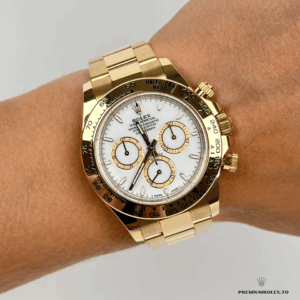 Close-up of white chronograph dial with three subdials