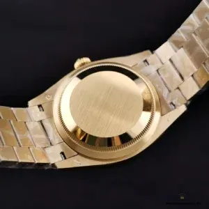 Day-Date 128238 angled view with gold-on-gold tonal continuity