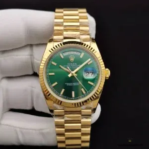 Day-Date 128238 side profile showing yellow gold-plated case and crown