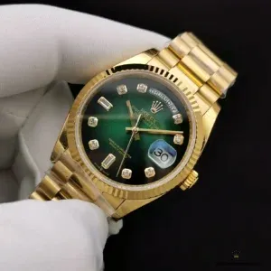 Wrist shot of green ombre Day-Date in natural outdoor lighting
