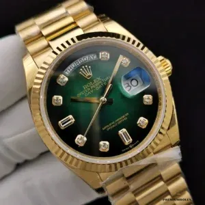 Caseback view with Rolex crown engraving on yellow gold
