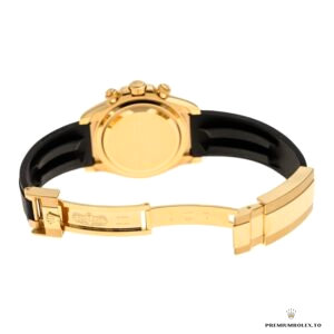 Yellow gold-plated Oysterlock clasp detail on black Oysterflex strap
