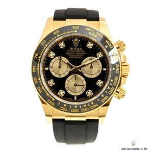Side profile showing yellow gold-plated case and black Cerachrom bezel
