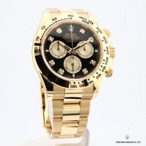 Side profile of Daytona 126508 showing gold-plated bezel with tachymetric engraving