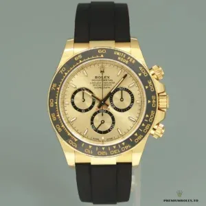 Side profile showing ceramic Cerachrom bezel against yellow gold-plated case