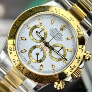 Daytona 126503 white dial showing chronograph registers and gold markers