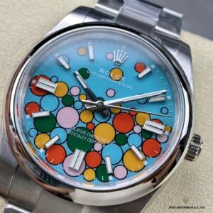 Close-up of the turquoise lacquered dial surface and applied stick markers