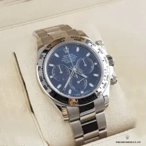 Daytona 116500 navy blue side profile showing case and pushers