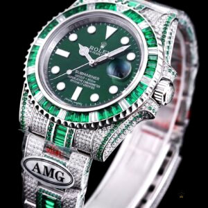Side profile of the iced-out Submariner revealing diamond-set lugs and case flank