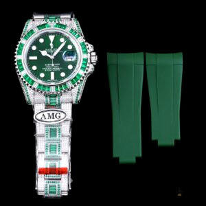 Green dial detail on the 116610LV-5 with luminescent markers and Mercedes hands
