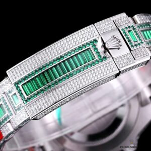 Submariner 116610LV-5 at angle showing full iced-out sparkle under studio light