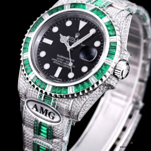 Side profile of the iced-out Submariner 116610LV-6 with diamond-set lugs