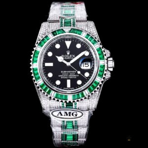 Wrist perspective of the Rolex Submariner 116610LV-6 iced-out black dial