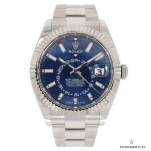 Sky-Dweller 336934 at angle showing blue dial depth and fluted bezel