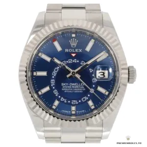 Close-up of blue dial month apertures and off-centre date on the 336934