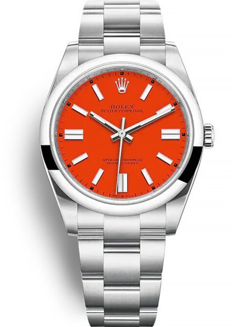 Replica Rolex Oyster Perpetual Lady 41mm Dial Coral Red 124300 - Best shop to buy a Fake Rolex