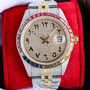 Close-up of rainbow sapphire graduation from red to violet on Datejust bezel
