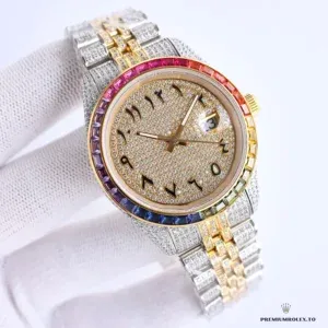 Full-diamond paved dial with Arabic numerals under rainbow bezel on 126300