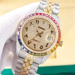 Wrist-level view of rainbow diamond Datejust 126300 in natural lighting