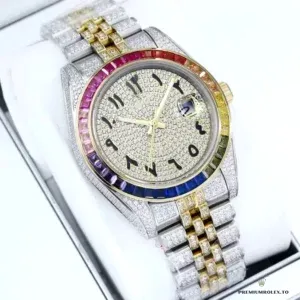 Iced Datejust 126300 with stone-set Arabic dial, rainbow stone bezel and iced bracelet, in a box