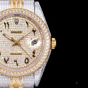 Datejust 126300 angled view showing diamond-set bezel and Arabic numerals