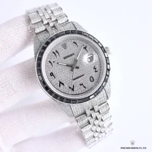 Datejust 126300 angled shot highlighting contrast between black bezel and paved dial