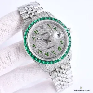 Close-up of green diamond-set bezel and paved dial surface on Datejust 126300