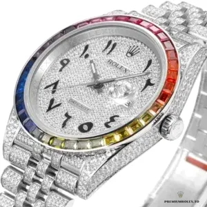 Diamond-set Oyster bracelet paired with rainbow bezel on 126300 Datejust