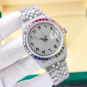 Angled view showing graduated color spectrum on rainbow bezel of 126300