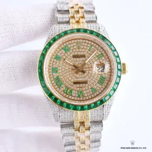 Datejust 126300 angled view showing diamond bezel and gold index markers