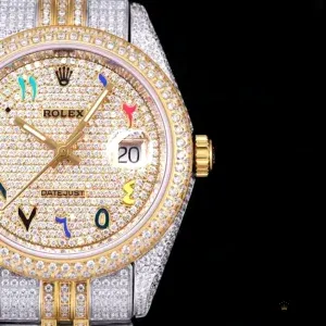 Angled shot highlighting diamond bezel and numeral placement on 126300