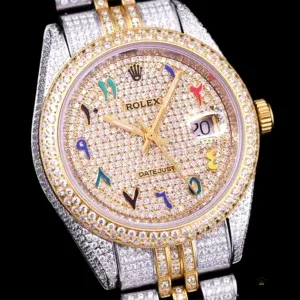 Close-up of diamond indices and Arabic numeral hour markers