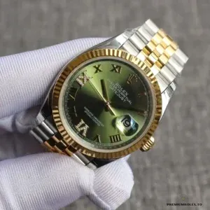 Side profile of 41mm case with fluted yellow gold-plated bezel
