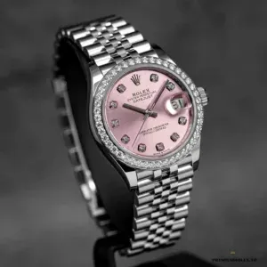 Wrist perspective of the Rolex Datejust 278384RBR pink on Jubilee bracelet