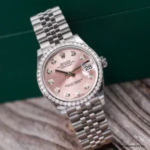 Datejust 278384RBR pink dial under natural light with diamond reflections visible