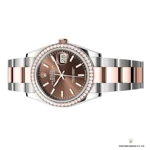 Three-quarter angle showing diamond bezel sparkle on Everose gold setting