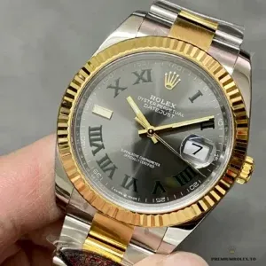 Side profile showing 41mm case and fluted gold-plated bezel