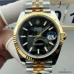 Close-up of bright black dial with applied gold indices