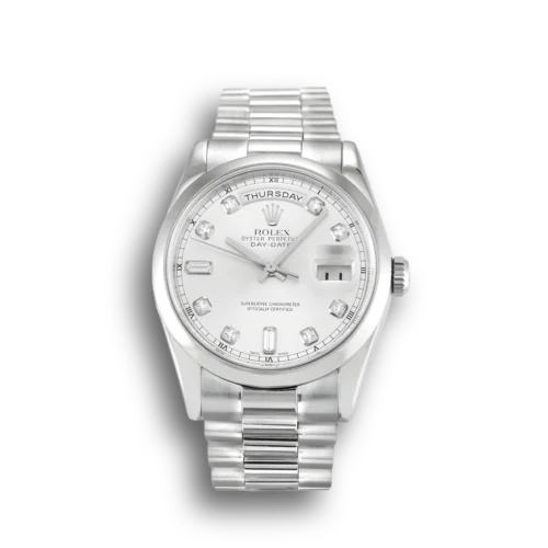 Replica Rolex Day-Date 118209 36mm Silver Dial Front - Best shop to buy a Fake Rolex