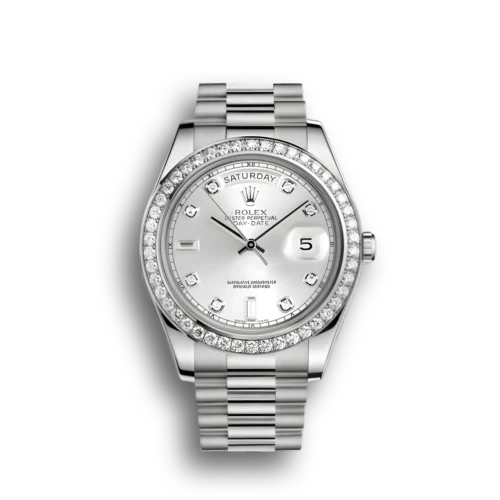 Replica Rolex Day-Date 118346 36mm Silver Dial Front - Best shop to buy a Fake Rolex