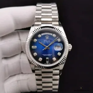 Replica Day-Date 128238 blue gradient dial close-up with diamond markers