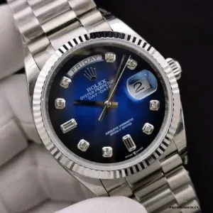 Day-Date 128238 blue ombre wrist shot showing gradient shift under light