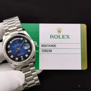 Day-Date 128238 blue ombre full set top-down view on President bracelet