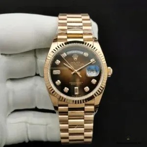 Replica Day-Date 128238 brown gradient dial close-up with diamond markers