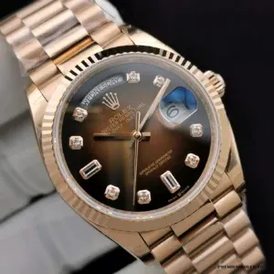 Day-Date 128238 brown ombre wrist shot showing tonal harmony of gold and brown