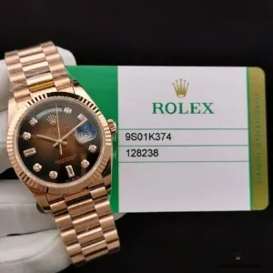 Day-Date 128238 brown ombre full set view with yellow gold-plated President bracelet