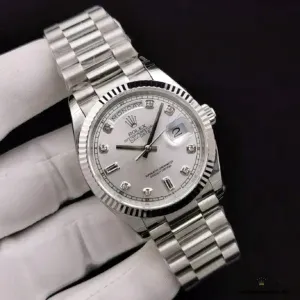 Day-Date 128238 mother of pearl side profile showing fluted bezel and case