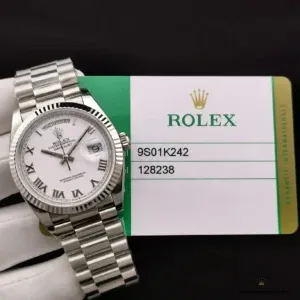 Day-Date 128238 Roman mother of pearl angled view with bezel reflections