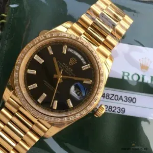 Day-Date 228238 side profile showing yellow gold case and diamond bezel